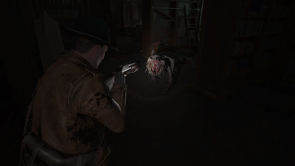 Delayed until 2026 - Screenshot of aiming a gun at an enemy in The Sinking City 2