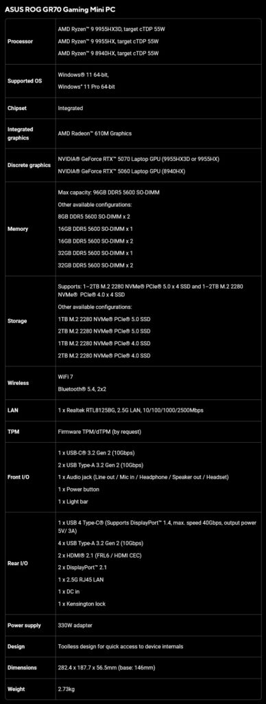 ASUS ROG GR70 mini PC - Specs