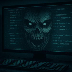 A monitor showing gaming code and a screaming evil face to demonstrate game AI in horror games