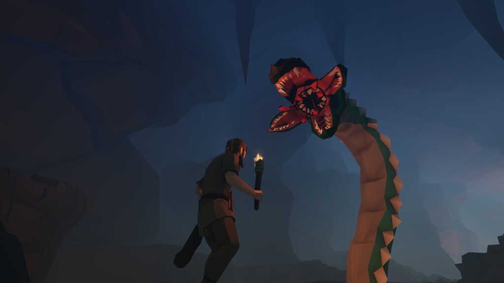 Dungeons & Kingdoms - Holding a torch as a giant worm looks to attack