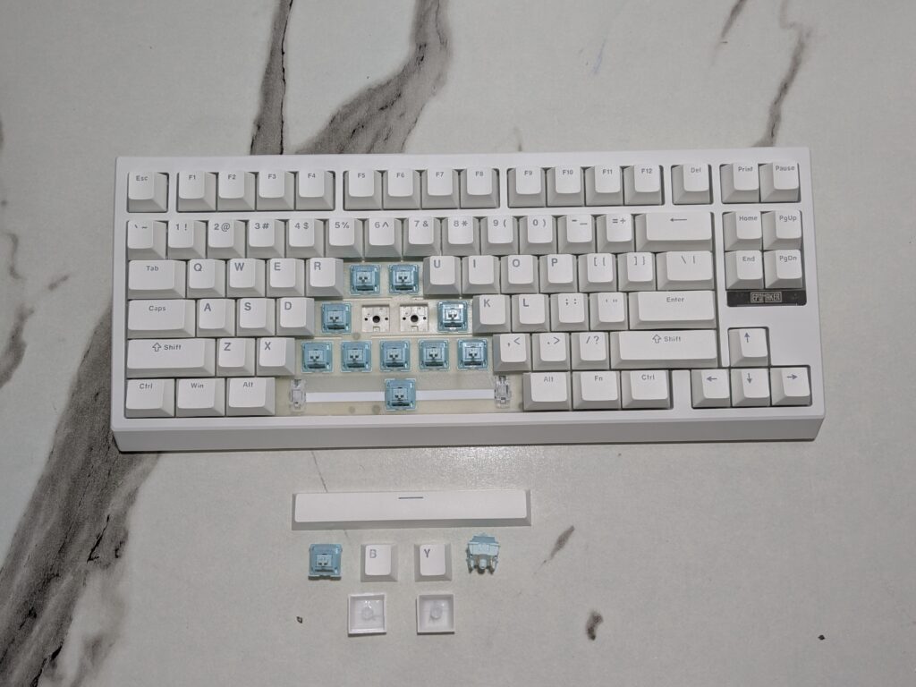 Keycaps and switches removed from the EPOMAKER G84 Mechanical Keyboard