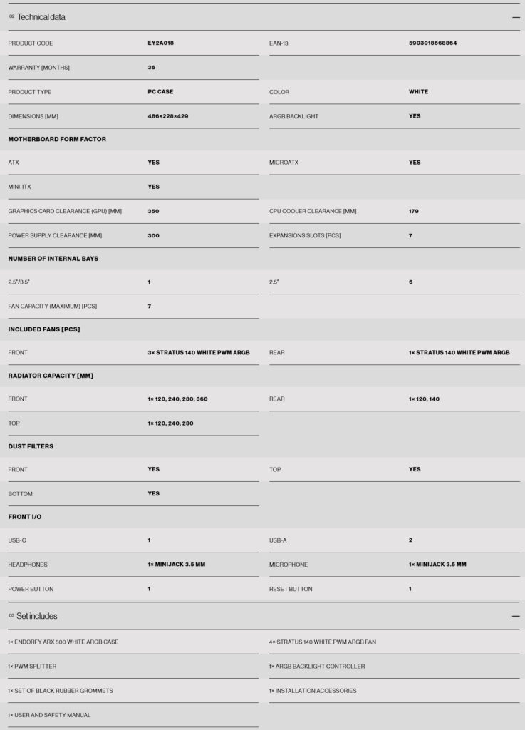 Endorfy Arx 500 White ARGB specifications