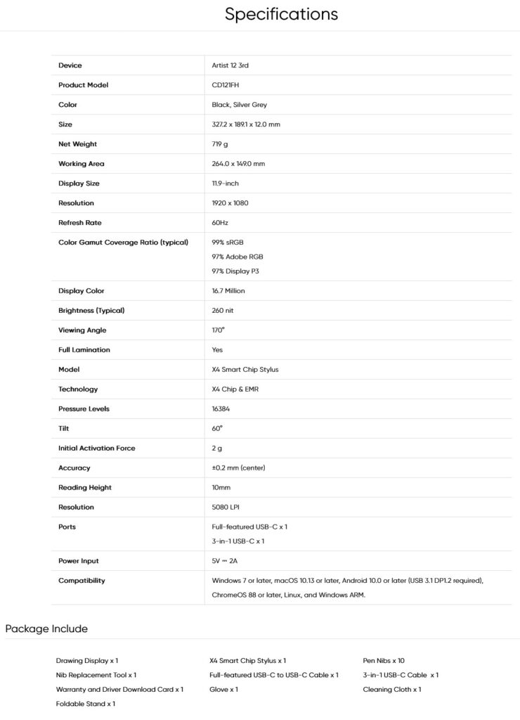 XPPen Artist 12 3rd drawing display specifications