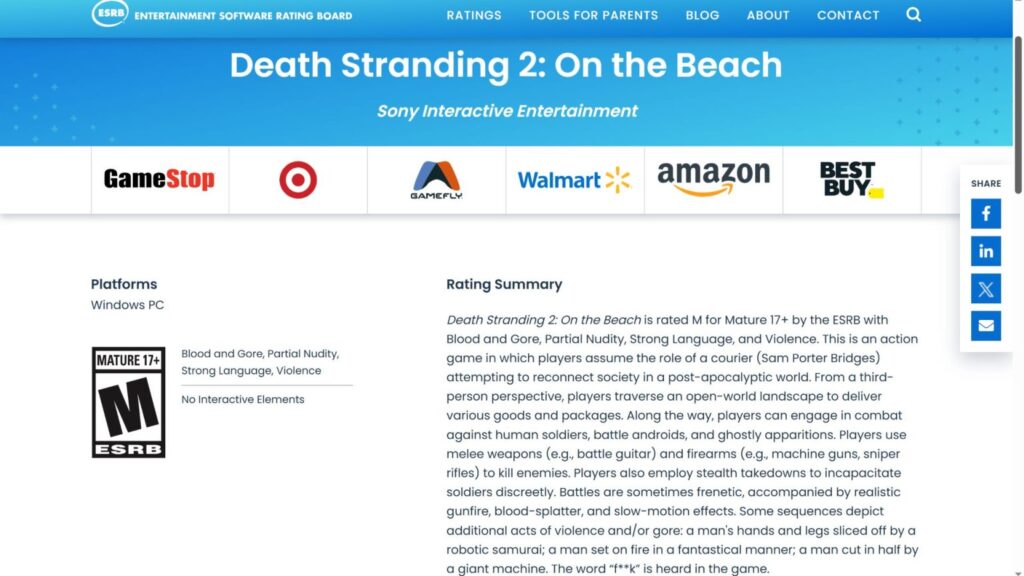 Death Stranding 2: On the Beach - ESRB rating 