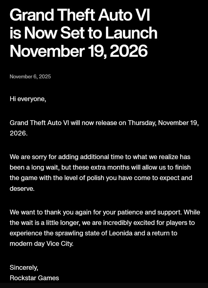 GTA VI delay official statement