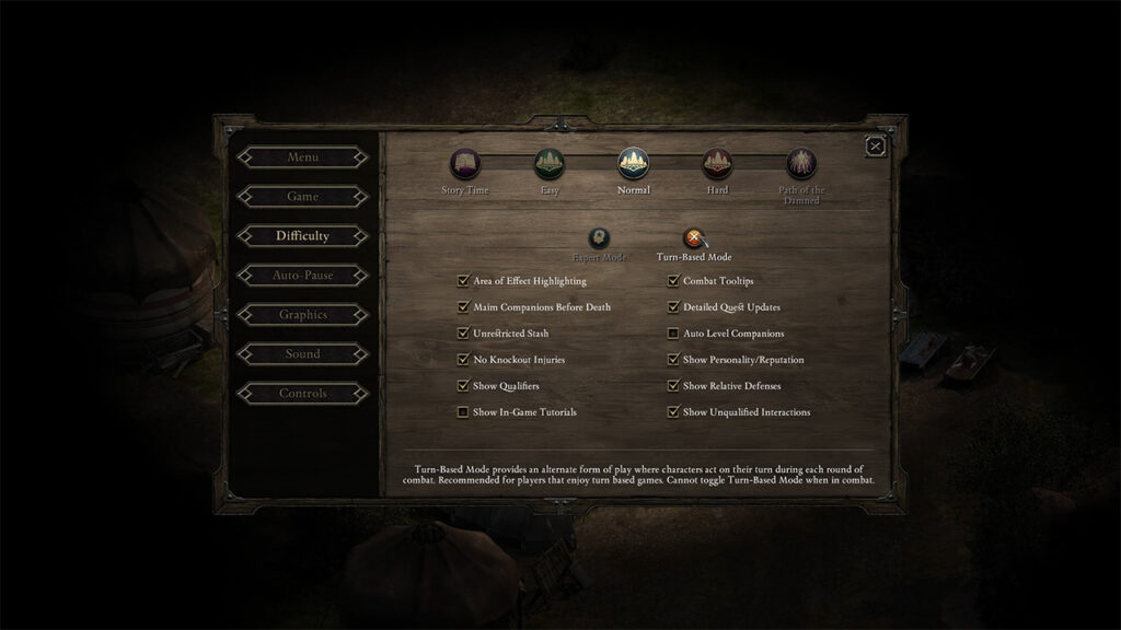 Pillars of Eternity - Turn based mode setting menu 