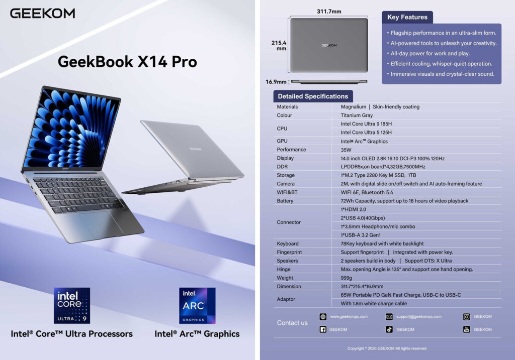 GEEKOM's GeekBook X14 Pro - Specs