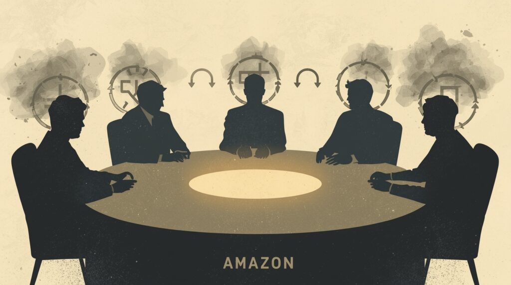 A group of people sat round a table with Amazon branding on it