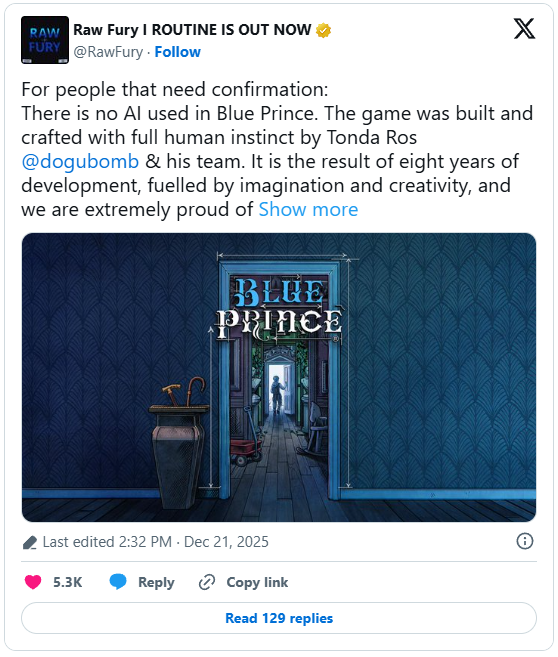 Blue Prince cleared of AI claims after Indie Game Awards drama 2 Raw Fury tweet about Blue Prince