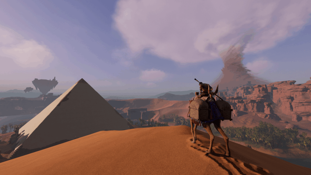 Soulmask Shifting Sands - On a camel staring over pyramids