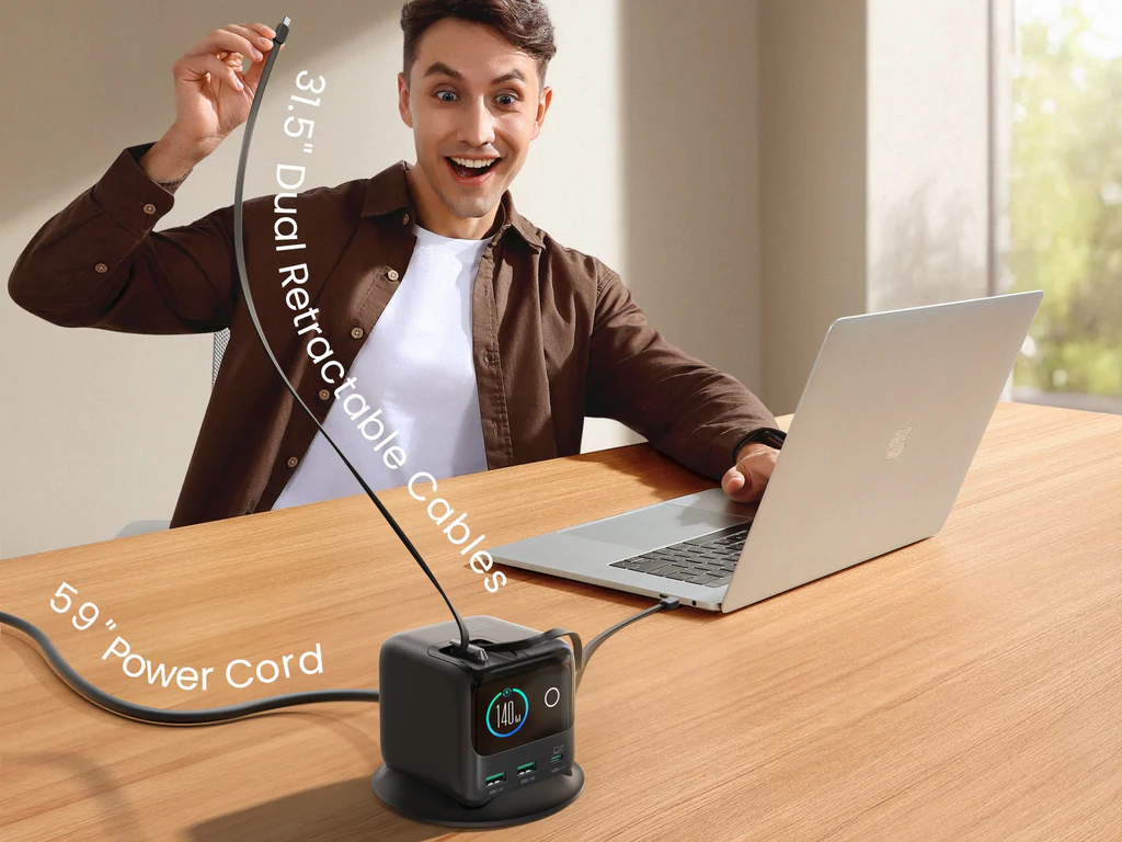 JOYROOM PODIX 140W 5-Port Desktop GaN Charger - Retractable Cable