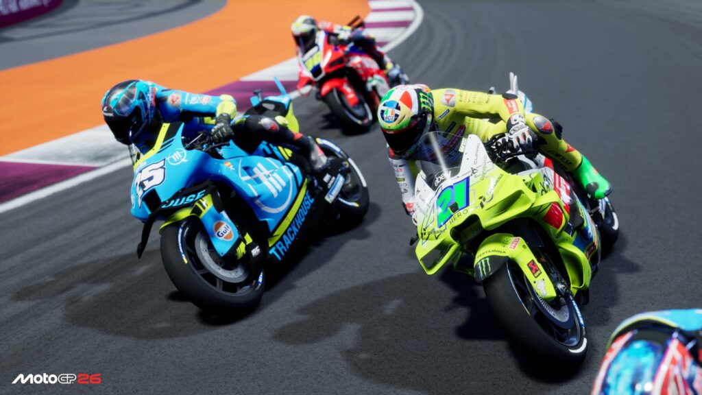 MotoGP 26 - Three drivers taking a bend