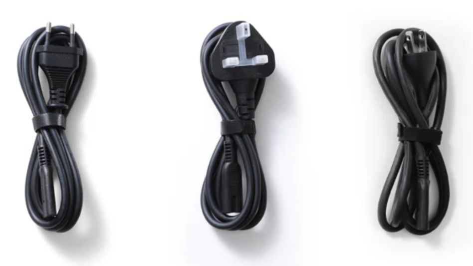 Power cords compatible with AU, EU, US, and the UK