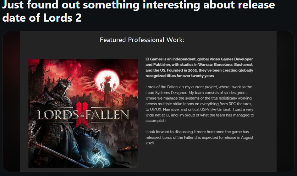 Lords of the Fallen 2 release date slip subreddit screenshot 