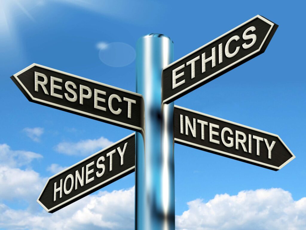 Building up your business’ online reputation 4 Sign pointing to Respect, Ethics, Honesty, Integrity